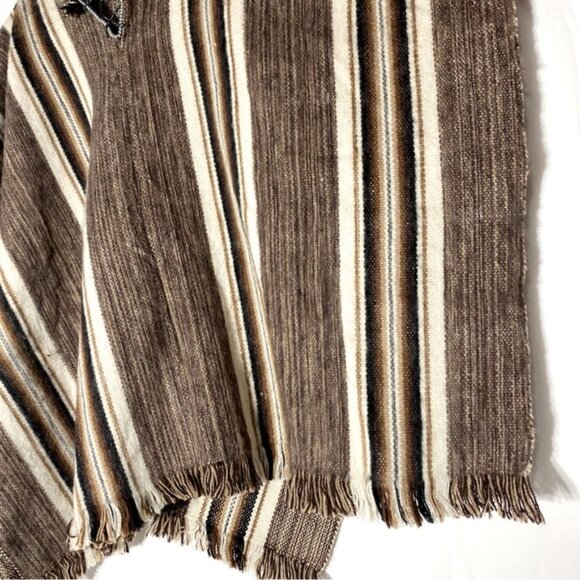 Unisex Brown Tan Striped Woven Alpaca Wool Poncho - Picture 10 of 11